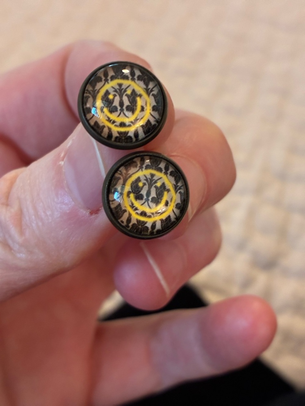 Yellow Smiley Face Damask Glass Plug Earrings
